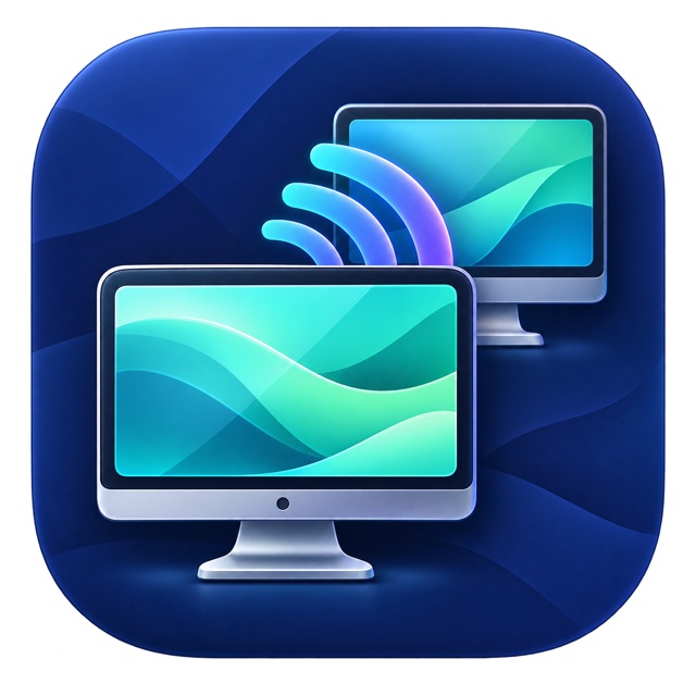 ScreenTask Mac 應用程式圖示:深藍底、青綠色雙螢幕與無線傳送符號